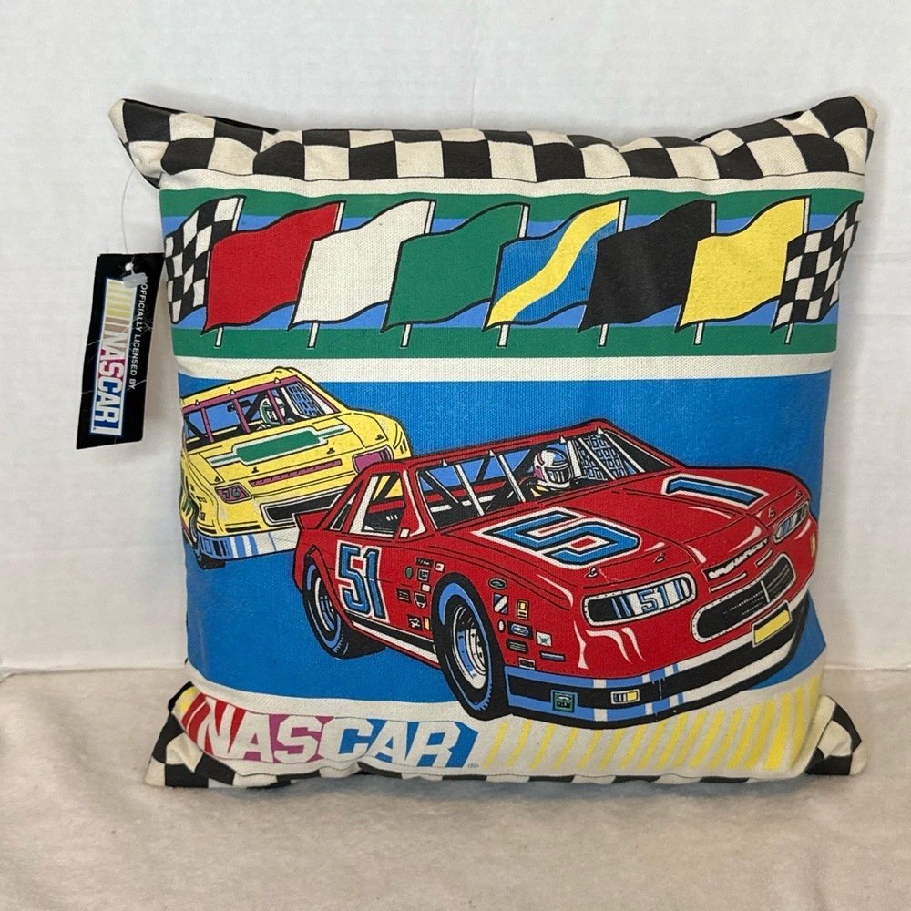 NOS NWT‎ Vintage NASCAR Racing Pillow Checkered Flag #51 & #11 Cars